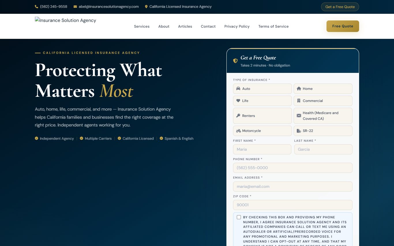 Insurance Solution Agency website built by Ramos Web Services